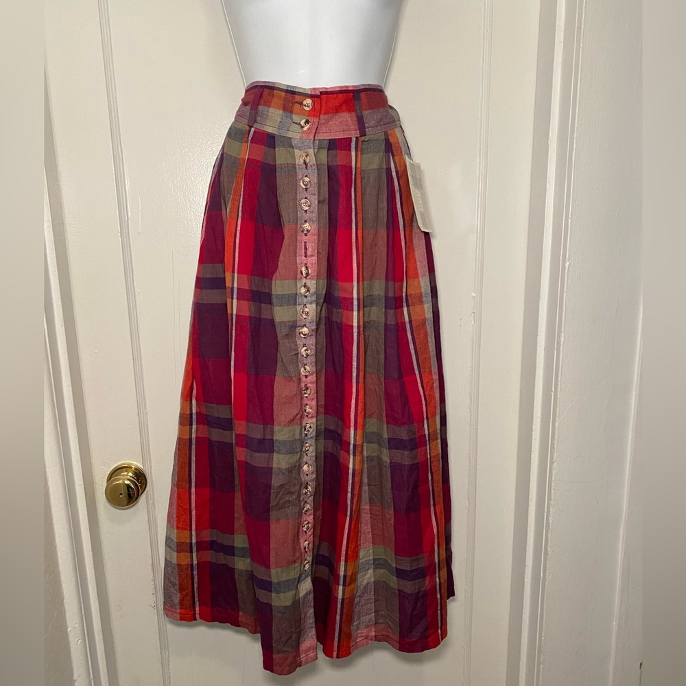 NWT True Vintage 1980s/1990s 100% Cotton Plaid Button Front Midi Skirt - Picture 3 of 16